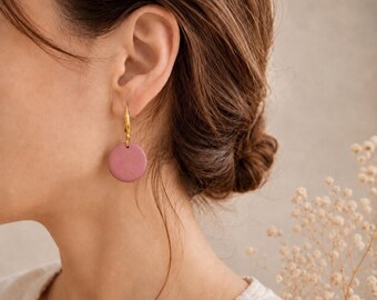 Dusty Rose Clay Earrings, Minimalist Matte Pink Disc Earrings, Lightweight Jewelry, Gift for Her
