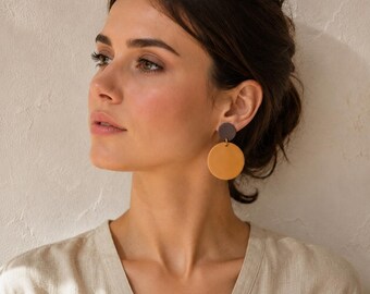 Yellow Brown Earrings, Minimalist Circle Dangle Earrings, Lightweight Clay Boho Jewelry, Gift for Her