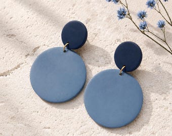 Dusty Blue Round Earrings, Minimalist Statement Disc Earrings, Lightweight Modern Jewelry, Gift for Her
