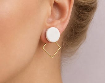Front Back Earrings, White Ear Jacket Studs, Modern Polymer Clay Jewelry