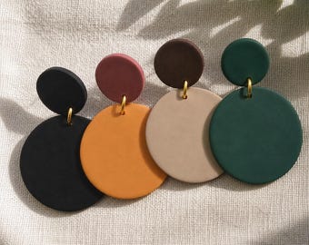 Minimalist Earth Tone Earrings, Statement Dangle Earrings, Color Block Clay Jewelry, Lightweight Round Disc