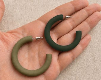 Olive & Dark Green Hoop Earrings, Lightweight Polymer Clay Hoops, Modern Earth Tone Minimalist Earrings