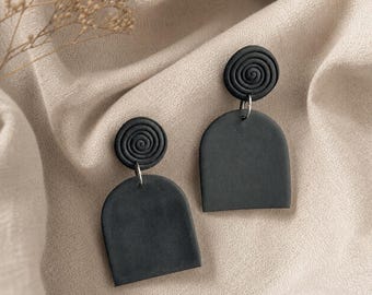 Minimalist Arch Dangle Earrings, Black Textured Drop Earrings, Geometric Polymer Clay Jewelry