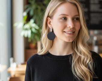 Black Round Polymer Clay Drop Earrings – Minimalist Geometric Handmade Jewelry For Women