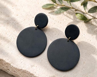 Black Round Earrings, Goth Aesthetic Jewelry, Matte Black Dangles