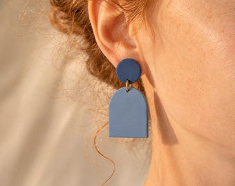 Navy Blue Earrings, Dusty Blue Arch Earrings, Statement Polymer Clay Jewelry, Lightweight Nickelfree Dangle & Drop