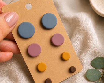 Colorful Stud Earrings Set of 4, Minimalist Polymer Clay Studs, 12 Colors, 4 Sizes