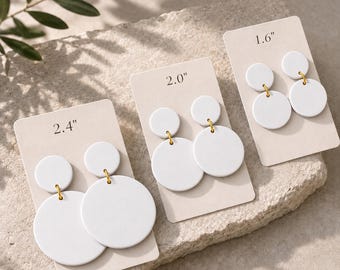 White Disc Dangle Earrings, Minimalist Statement Earrings, Modern Geometric Jewelry, Lightweight Polymer Clay