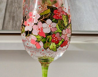 Cherry Blossom with gold Lace butterflies hand painted wine glass  Spring Flowers Art gifts Glassware  Bridal ware Floral glassware