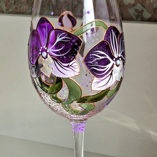 Orchid Wine glass  Hand painted Floral wine glass  Botanical gift  Personalized Orchid glass  Wine lover gift
