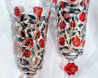 Flautas de champán de cristal de boda floral Hecho a mano Novia y novio flautas tostadas personalizadas Rosas rojas pintadas vasos para beber Conjunto de 2