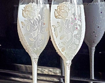 Wedding Champagne Glasses Toasting Flutes Opal Carnation Hand painted Flutes Set of 2