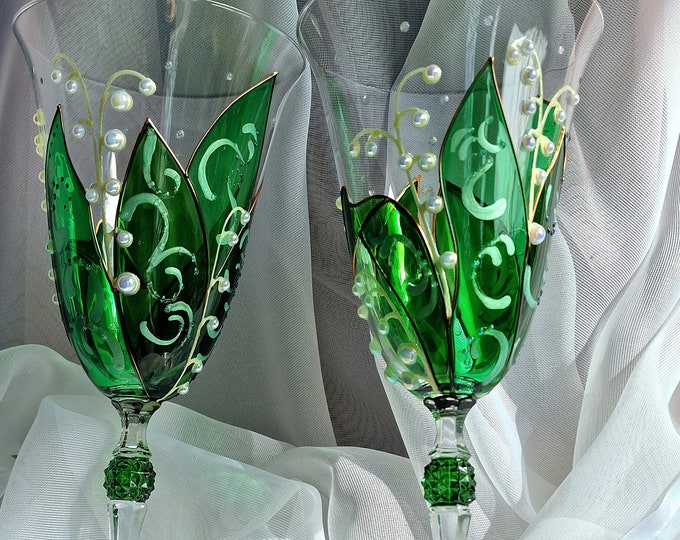 Lily of the Valley hand painted wine glasses Set of 2 Crystal Bohemia glasses Personalized Valley Lily wine glasses Wedding gift Floral Art