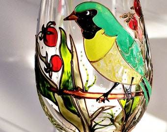 Hand painted American Exotic colorful Bird Personalized painted wine glass Birds design Wedding glasses New home gift Bird lovers gift