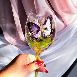 Butterfly personalized Wine glass Hand painted Floral wine glass with Butterfly and crocuses  Anniversary Gift  Wedding Large glass Mom gift