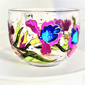 Hand painted Iris Flowers glass mug - Personalized Gift Cup for Mom Gift for Gardner Floral Gift Office Cute mug