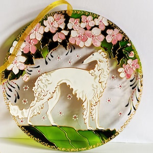 Borzoi Suncatcher: Hand-Painted Stained Glass Style, Personalized Pet Portrait.