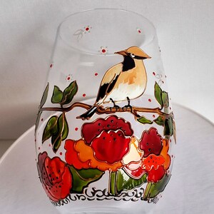 Hand painted wine glass with Waxwing Bird and Poppy flower Hand painted Art gifts Wine lover gift Personalized Bird wine glass image 1