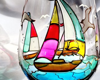Hando Printing グラス5客 帆船の絵柄 Hand Painted Nautical Wine Glass With Sailing Boats