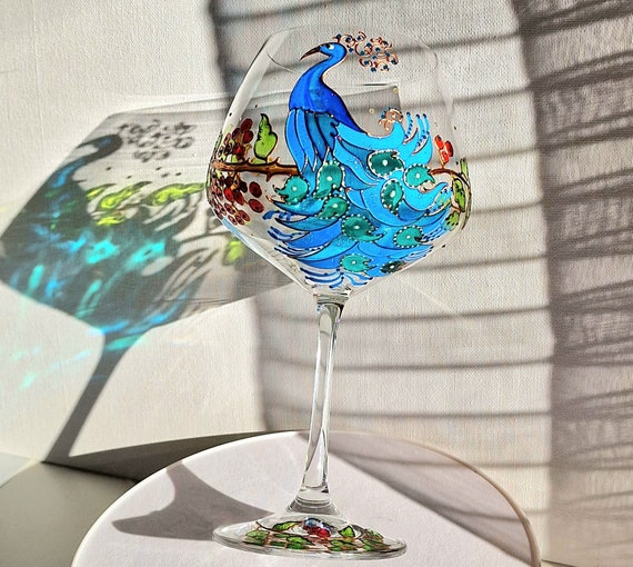 Peacock Hand Painted Wine Glass Peacock Lovers Gift Personalized Bird Wine  Glass Bridal Shower Gift Anniversary Gift 