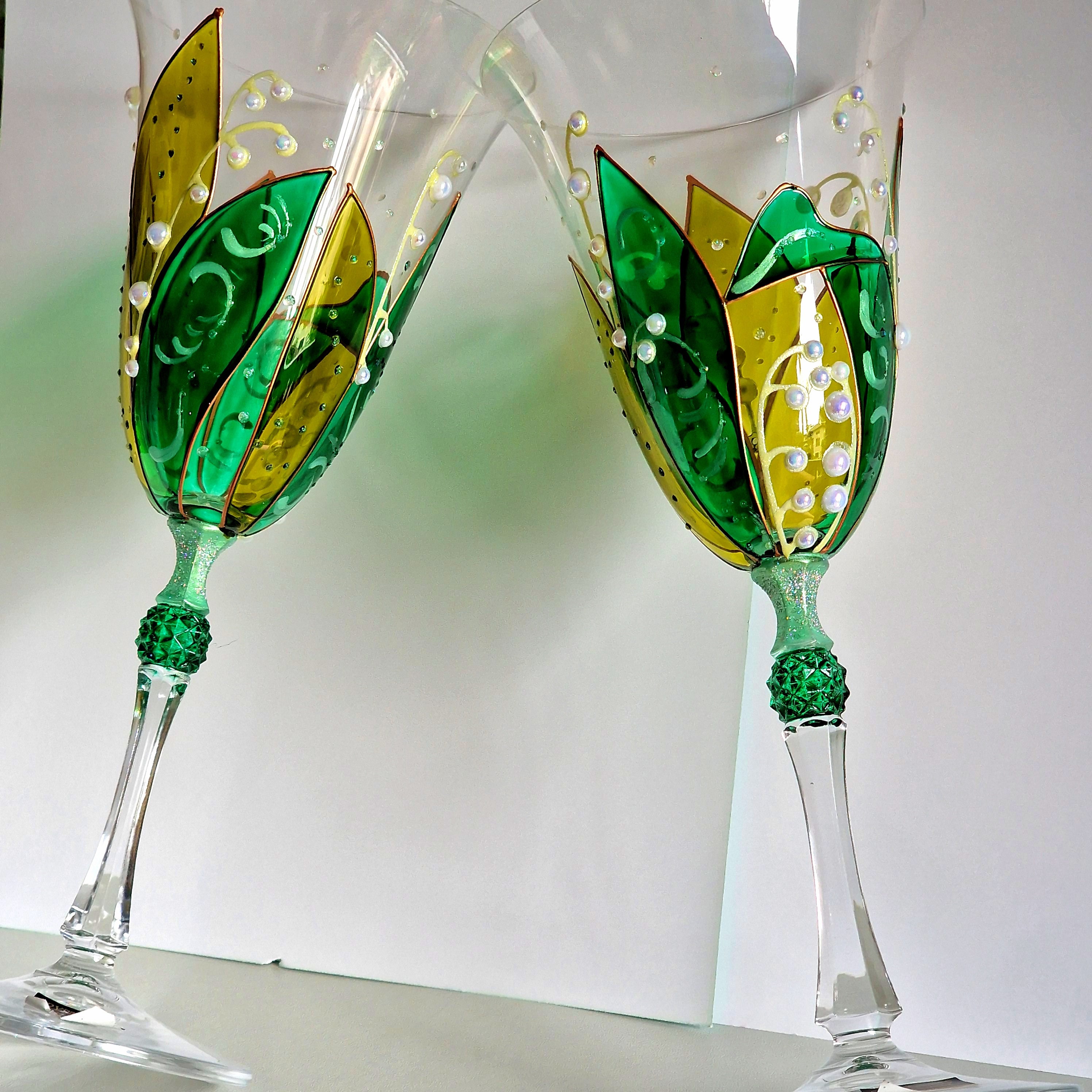 Lily Of The Valley Hand Painted Wine Glasses Set 2 Crystal Bohemia