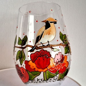 Hand painted wine glass with Waxwing Bird and Poppy flower Hand painted Art gifts Wine lover gift Personalized Bird wine glass image 6