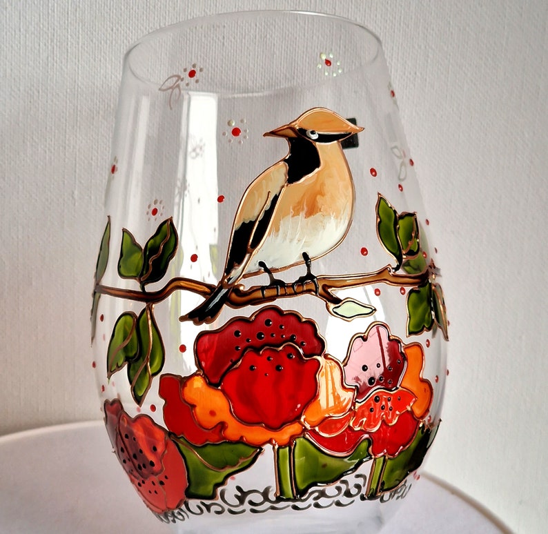 Hand painted wine glass with Waxwing Bird and Poppy flower Hand painted Art gifts Wine lover gift Personalized Bird wine glass image 6
