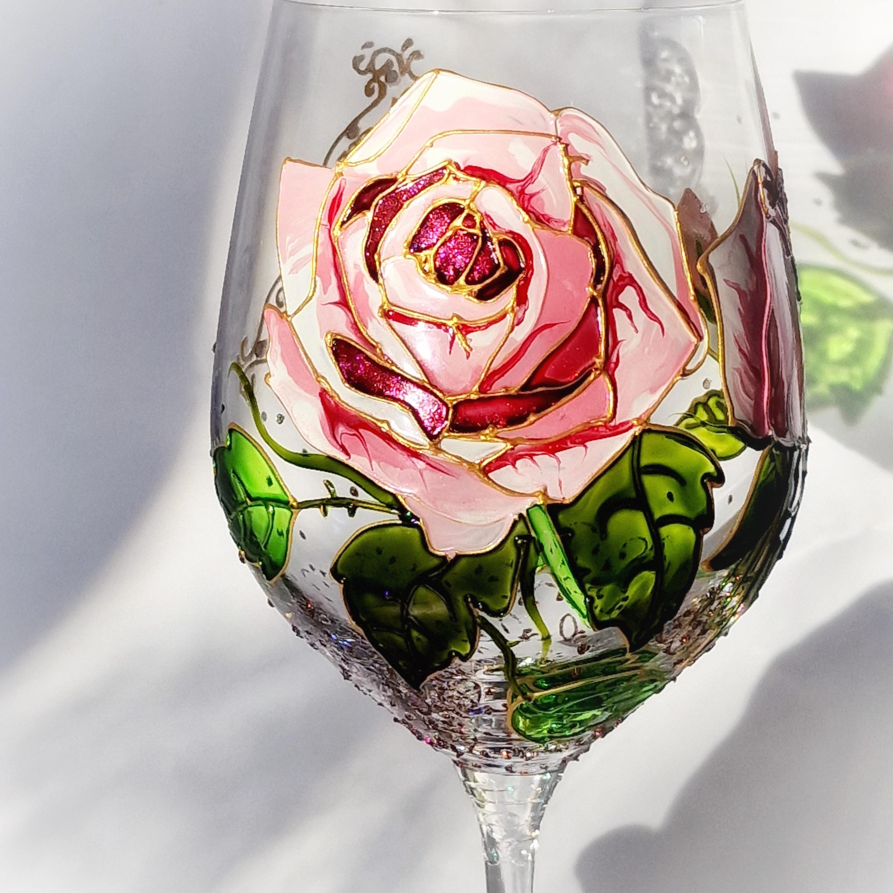 June Birth Flower Wine Glass - Pink Roses Hand Painted Glass ...