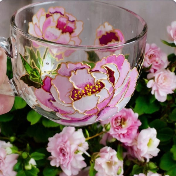 Hand-Painted Pink Peony Glass Tea Cup with Gold Accents.