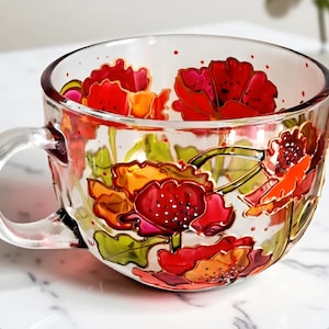 Poppies Hand Painted Glassware Red Poppy Flower Cup Art gift Colorful Tea Mug Personalised Gift Anniversary Gift Office Mug Cute Cup