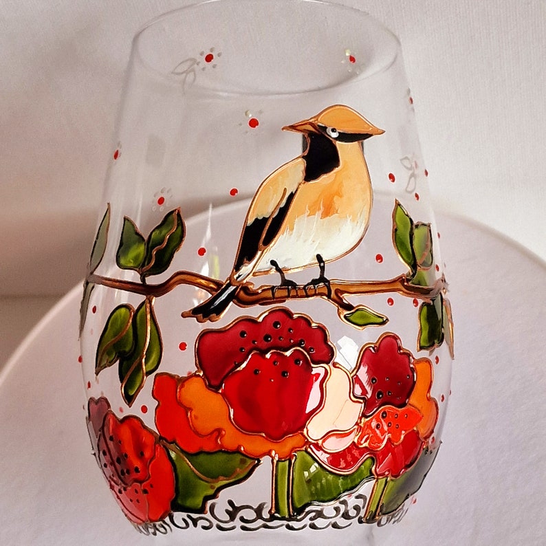 Hand painted wine glass with Waxwing Bird and Poppy flower Hand painted Art gifts Wine lover gift Personalized Bird wine glass image 9