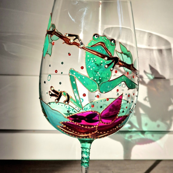 Simpatica rana verde Grande bicchiere da vino dipinto a mano Rana bicchiere  da vino personalizzato Regalo di anniversario Regalo per gli amanti del vino  -  Italia