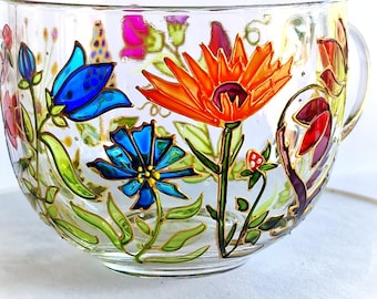 Hand Painted Wildflower Glass Mug: Cottagecore Floral Tea Cup, Stained Glass Effect