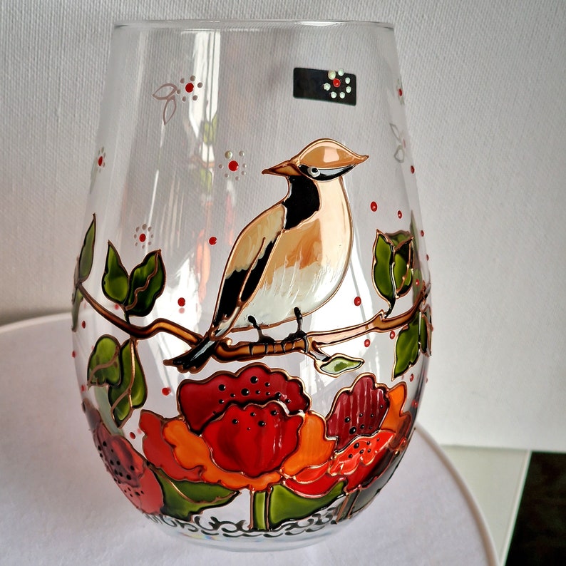 Hand painted wine glass with Waxwing Bird and Poppy flower Hand painted Art gifts Wine lover gift Personalized Bird wine glass image 5
