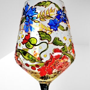 Hand Painted Floral Wine Glass with California Poppies and Navy Cornflowers Unique Wedding Gift Vintage Inspired Glassware Mother Day gift