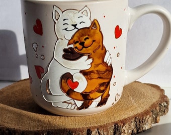 Cats coffee mug Cat porcelain Hand painted Animal tea cup Wedding gift Engagement gift Cat lover gift
