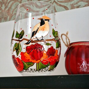 Hand painted wine glass with Waxwing Bird and Poppy flower Hand painted Art gifts Wine lover gift Personalized Bird wine glass image 8