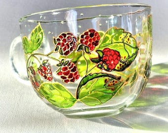 Hand-Painted Raspberry Custom Coffee Mug: Vintage Glass Tea Cup.