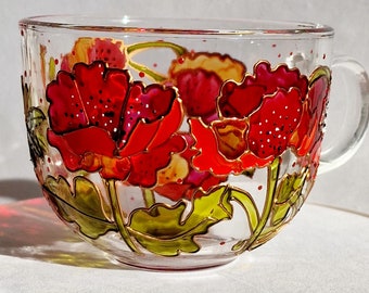 Poppies hand painted glassware Red Poppy flower cup Art gift Colorful tea mug Personalised gift Anniversary glass gift