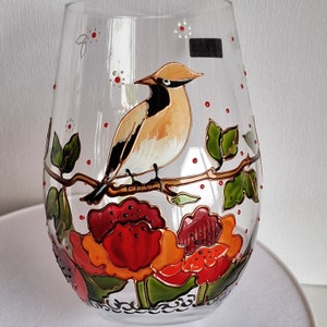 Hand painted wine glass with Waxwing Bird and Poppy flower Hand painted Art gifts Wine lover gift Personalized Bird wine glass image 7