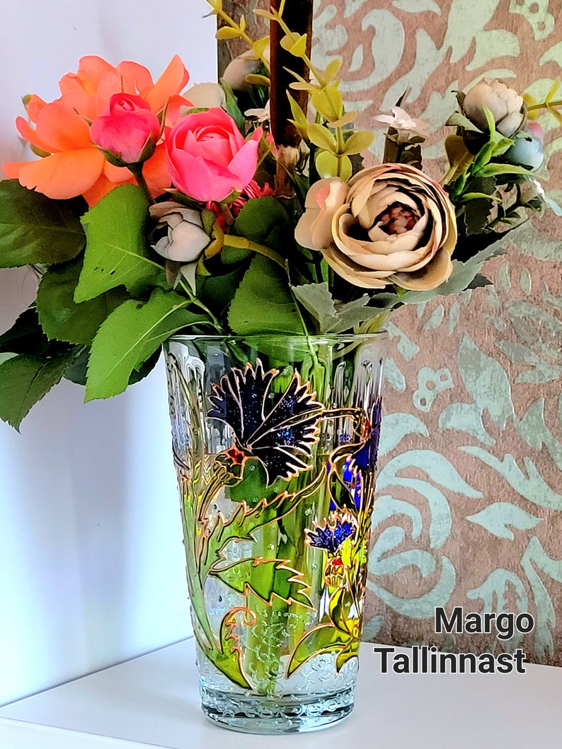 Flower Vase. Hand Painted Glass Vase. Bird Vase Hummingbird Etsy