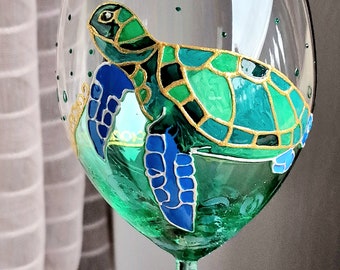 Hand painted Sea Turtle swimming wine glass  Wine glasses Beach sea life unique gift  Turtle gift Beach Bridal Shower Wedding party gift