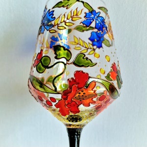 California Poppies and Navy Cornflowers wine glass  Hand painted Floral wine glass  bride gift  wedding gift