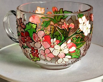 Cherry Blossom mug Handmade Spring Flowers cup Gift for Gardner Florist Painted mug Flower glass ornament.