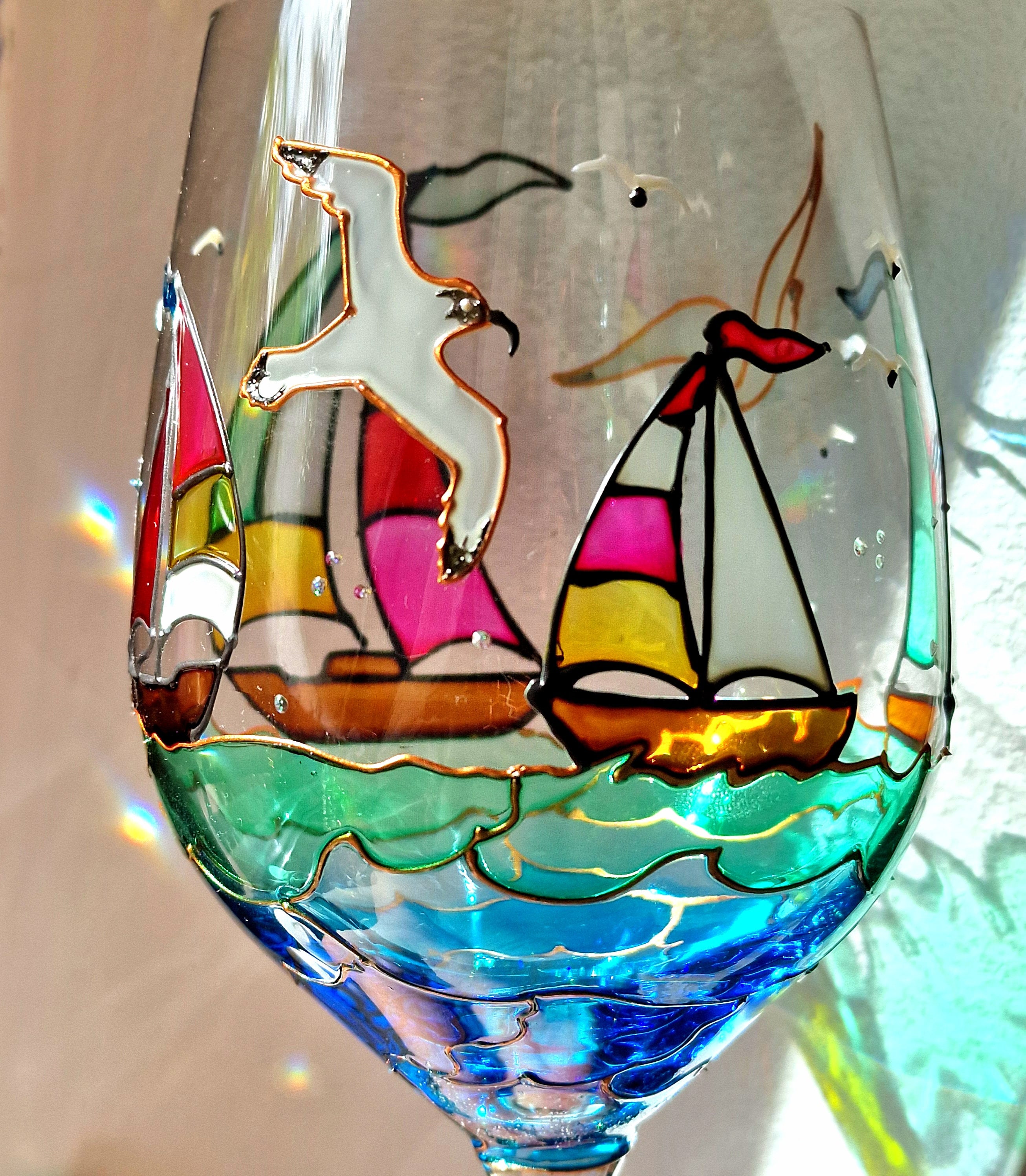 Hando Printing グラス5客 帆船の絵柄 Hand Painted Nautical Wine Glass With Sailing Boats
