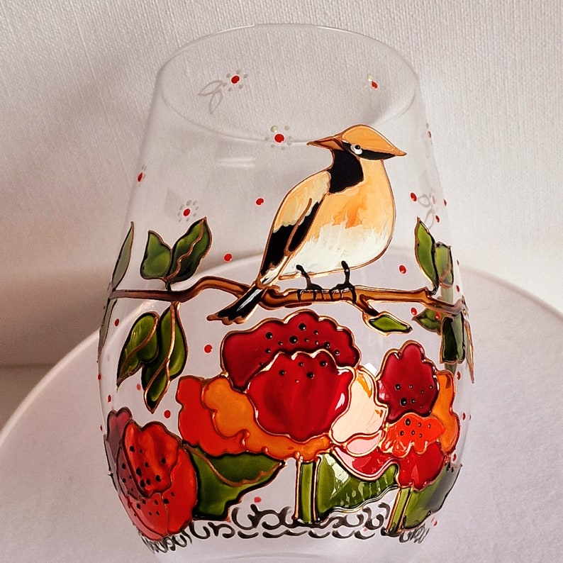 Hand painted wine glass with Waxwing Bird and Poppy flower Hand painted Art gifts Wine lover gift Personalized Bird wine glass image 4