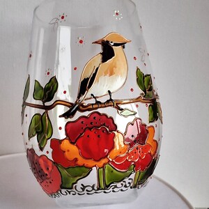 Hand painted wine glass with Waxwing Bird and Poppy flower Hand painted Art gifts Wine lover gift Personalized Bird wine glass image 2