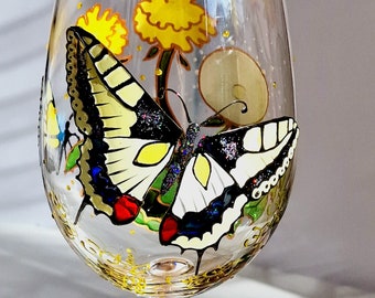 Tiger Swallowtail hand painted wine glass with Dandelion flower Yellow butterflies Colorful drinking glass Anniversary Gift Wedding gift