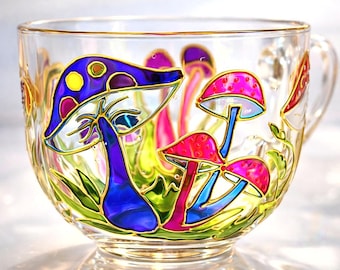 Handmade Watercolor Mushroom Glass Mug: Oversized Boho Tea Cup.