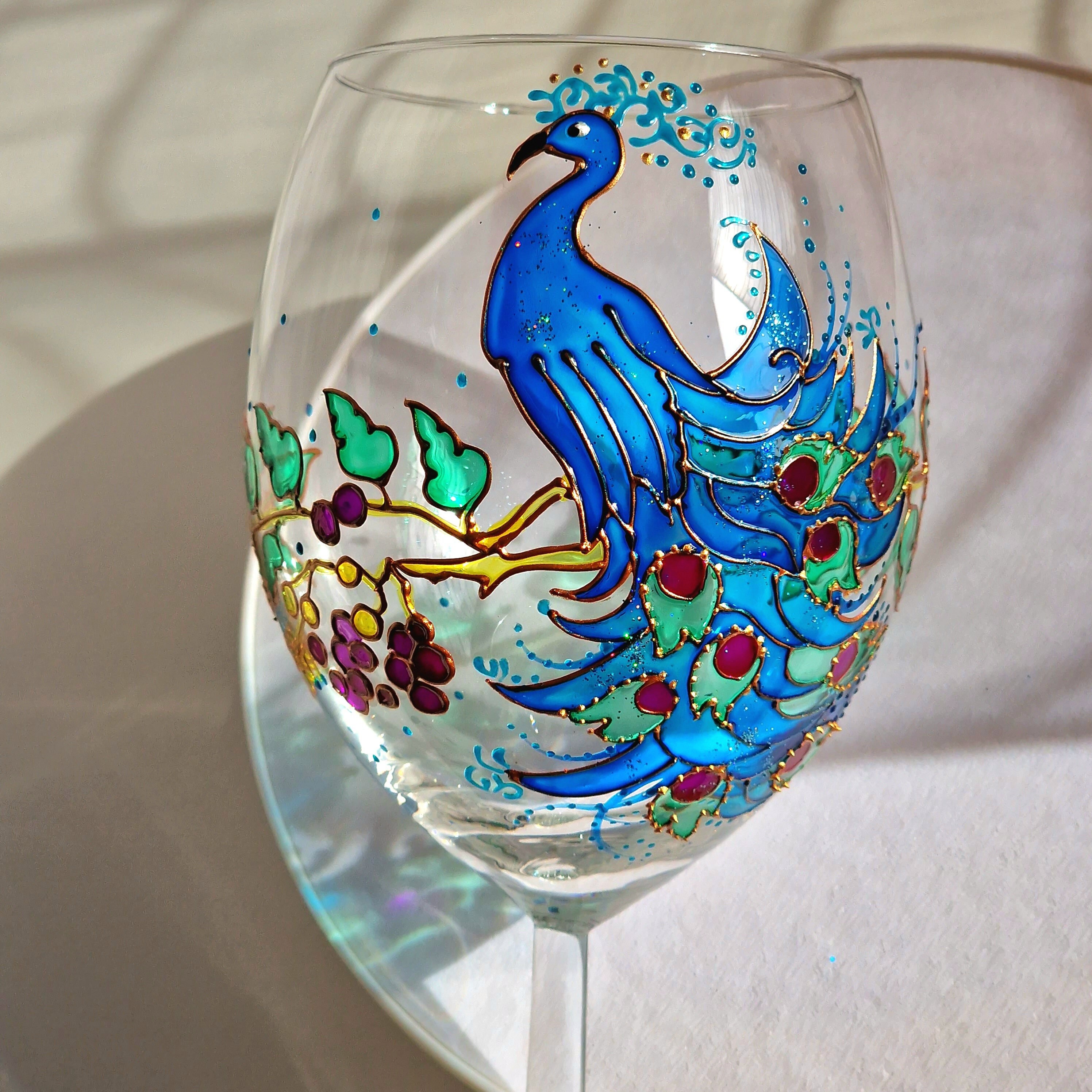 2 Etched Glass Peacock Wine Glasses, Peacock Wedding Decorations, Bride &  Groom Gifts 